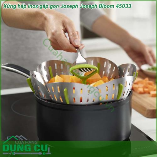 Xửng hấp inox gấp gọn Joseph Joseph Bloom 45033 được làm bằng polypropylene không chứa BPA và silicone thiết bị chống trầy xước và thích hợp để sử dụng với cả chảo thép và dụng cụ nấu ăn chống dính