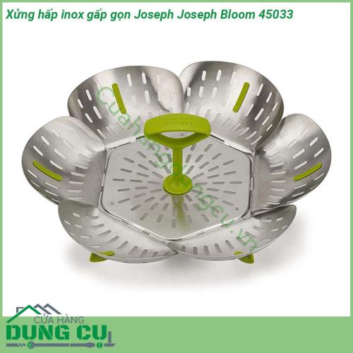 Xửng hấp inox gấp gọn Joseph Joseph Bloom 45033 được làm bằng polypropylene không chứa BPA và silicone thiết bị chống trầy xước và thích hợp để sử dụng với cả chảo thép và dụng cụ nấu ăn chống dính