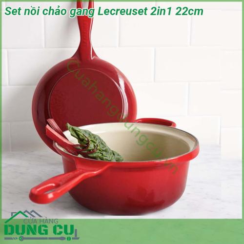Set nồi chảo gang Lecreuset 2in1 22cm được tráng men cao cấp chống xỉn màu ố sứt mẻ và nứt dễ lau chùi vệ sinh hơn  Với vật liệu gang chất lượng cao sẽ giúp cho các món ăn được giữ được độ nóng lâu hơn Gang cũng có thể được sử dụng để giữ lạnh thực phẩm