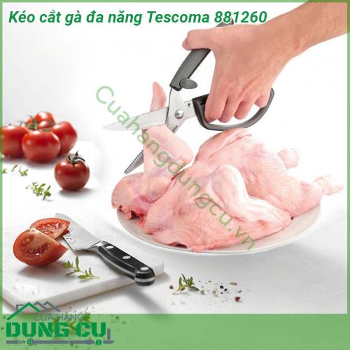 Kéo cắt gà đa năng Tescoma 881260 lưỡi kéo được làm từ thép không gỉ cao cấp cực bền và sắc lưỡi bên dưới có răng cưa siêu nhỏ cho phép cắt chính xác và gọn ghẽ Tay cầm lót cao su thiết kế thông minh giúp người dùng dễ cầm nắm và sử dụng