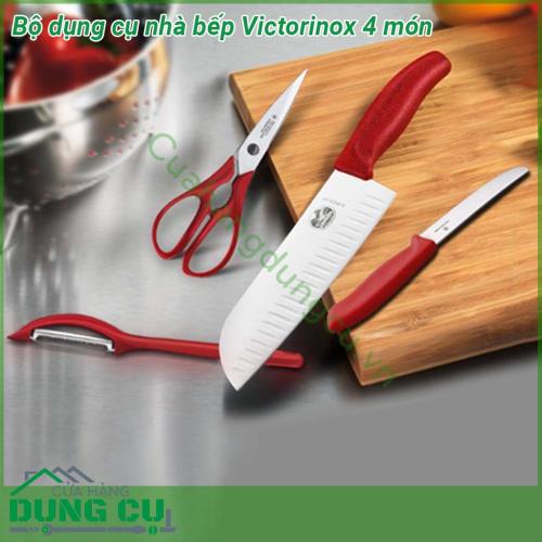 Bộ dụng cụ nhà bếp Victorinox 4 món được làm bằng thép không gỉ siêu sắc nét giúp cho vết cắt mịn đồng đều đẹp mắt Lưỡi dụng cụ thép không gỉ đặc biệt độ sắc nét lâu dài ít yêu cầu mài lại Tay cầm nhựa PP chống bụi bẩn dầu mỡ dễ dàng vệ sinh