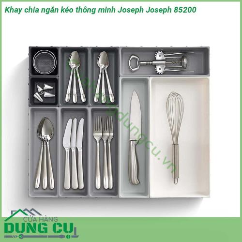 Khay chia ngăn kéo thông minh Joseph Joseph 85200 với kiểu dáng đẹp mắt  bao gồm 10 khay nhỏ riêng lẻ có kích thước khách nhau có thể được kẹp lại với nhau ở tất cả các mặt  Chân đế chắc chắn cố định không bị trượt ra trượt vào khi chúng ta mở ngăn kéo