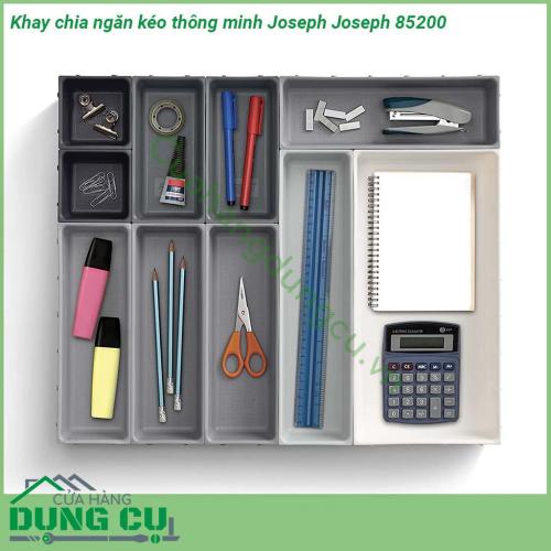 Khay chia ngăn kéo thông minh Joseph Joseph 85200 với kiểu dáng đẹp mắt  bao gồm 10 khay nhỏ riêng lẻ có kích thước khách nhau có thể được kẹp lại với nhau ở tất cả các mặt  Chân đế chắc chắn cố định không bị trượt ra trượt vào khi chúng ta mở ngăn kéo