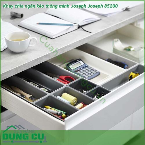 Khay chia ngăn kéo thông minh Joseph Joseph 85200 với kiểu dáng đẹp mắt  bao gồm 10 khay nhỏ riêng lẻ có kích thước khách nhau có thể được kẹp lại với nhau ở tất cả các mặt  Chân đế chắc chắn cố định không bị trượt ra trượt vào khi chúng ta mở ngăn kéo