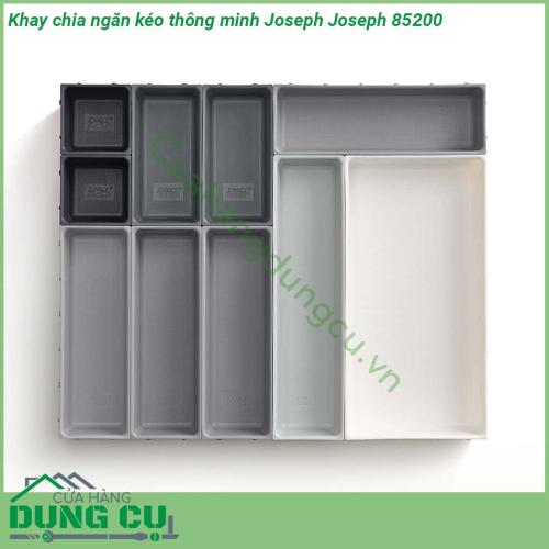 Khay chia ngăn kéo thông minh Joseph Joseph 85200 với kiểu dáng đẹp mắt  bao gồm 10 khay nhỏ riêng lẻ có kích thước khách nhau có thể được kẹp lại với nhau ở tất cả các mặt  Chân đế chắc chắn cố định không bị trượt ra trượt vào khi chúng ta mở ngăn kéo