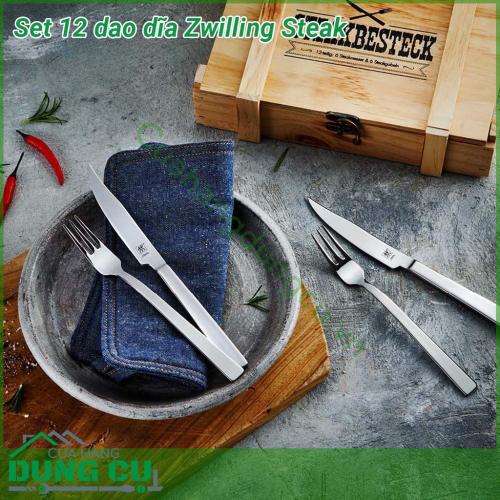 Bộ dao dĩa 12 món Zwilling Steak được thiết kế tinh xảo tỉ mỉ từ chất liệu cao cấp có hình dáng đẹp mắt với những đường nét vô cùng sắc sảo Lớp phủ bóng bên ngoài tạo nên cảm giác sang trọng mỗi khi sử dụng