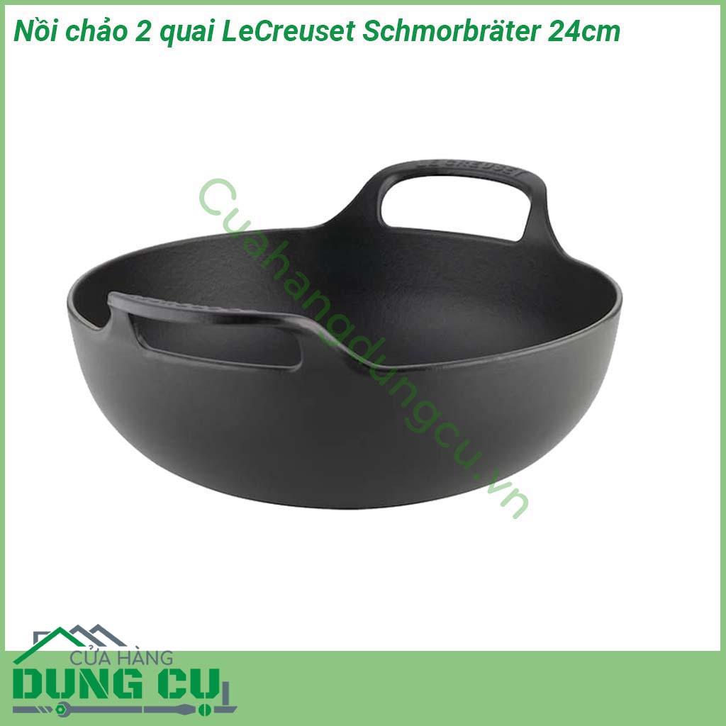 Nồi chảo 2 quai LeCreuset Schmorbrater 24cm được sản xuất từ các vật liệu chất lượng cao cấp  Mặt trong được tráng một lớp men cao cấp chống trầy xước cao  Với 2 tay cầm được đúc đối xứng đầy phong cách để nâng hạ dễ dàng và an toàn