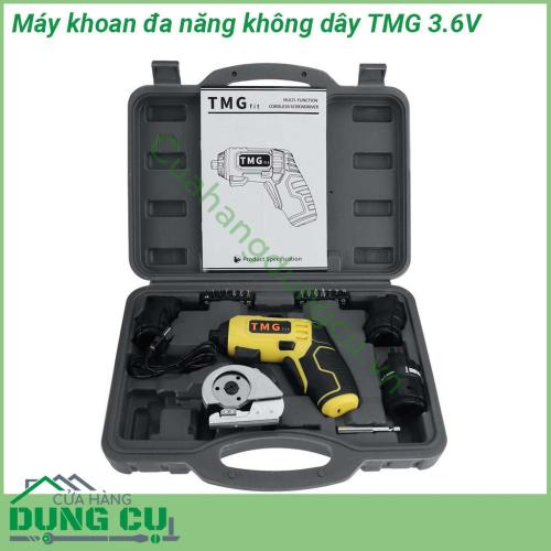 Máy khoan đa năng không dây cầm tay TMG thiết kế rất nhỏ gọn thân máy cầm vừa vặn lòng bàn tay giúp thao tác thoải mái Vỏ máy làm từ nhựa cao cấp đảm bảo độ bền cầm nắm chắc tay chống trượt hiệu quả Đầu máy có nhiều đầu dễ lắp đặt và sử dụng