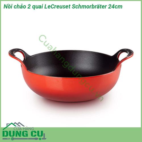 Nồi chảo 2 quai LeCreuset Schmorbrater 24cm được sản xuất từ các vật liệu chất lượng cao cấp  Mặt trong được tráng một lớp men cao cấp chống trầy xước cao  Với 2 tay cầm được đúc đối xứng đầy phong cách để nâng hạ dễ dàng và an toàn