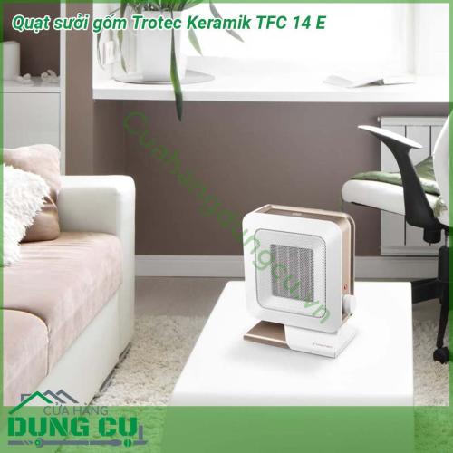 Quạt sưởi gốm Trotec Keramik TFC 14 E có thiết kế hiện đại cùng với màu trắng vàng đồng bắt mắt phù hợp với mọi không gian phòng khách  Quạt sưởi gốm yên tĩnh và nhỏ gọn  Dễ dàng vận chuyển và vận hành Chân đế an toàn