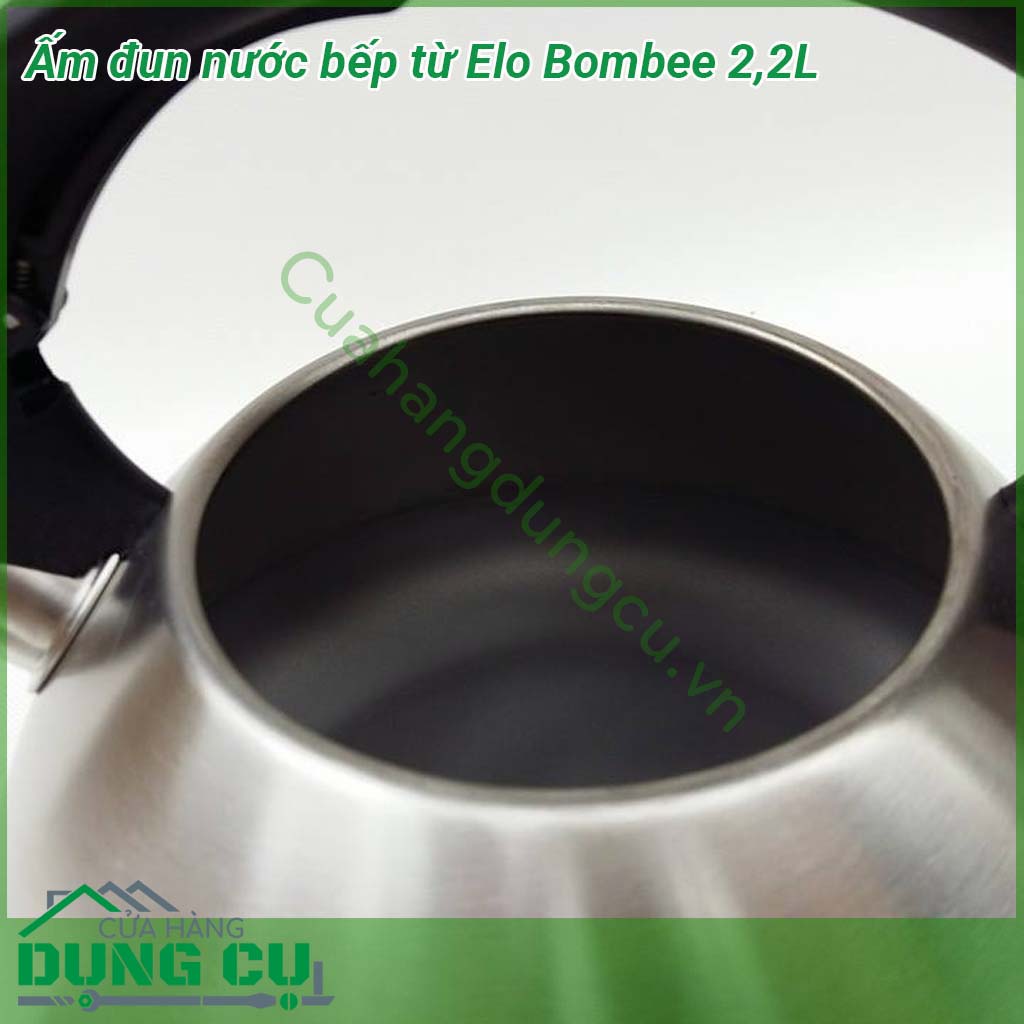 Ấm đun nước bếp từ Elo Bombee cấu tạo inox 3 lớp inox – nhôm - inox Cấu tạo này giúp ấm có khả năng truyền nhiệt và giữ nhiệt rất tốt Tay cầm nhựa nhám cách nhiệt rất an toàn khi sử dụng  