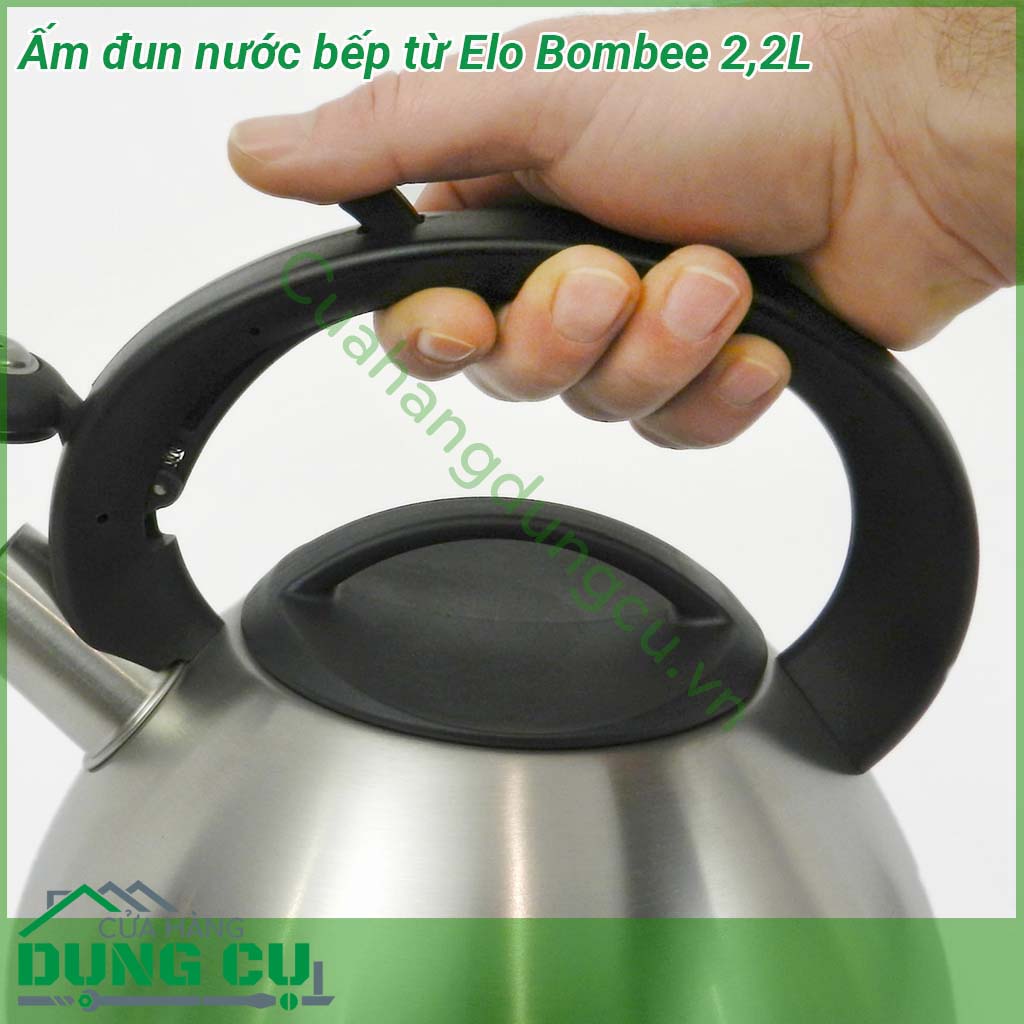 Ấm đun nước bếp từ Elo Bombee cấu tạo inox 3 lớp inox – nhôm - inox Cấu tạo này giúp ấm có khả năng truyền nhiệt và giữ nhiệt rất tốt Tay cầm nhựa nhám cách nhiệt rất an toàn khi sử dụng  