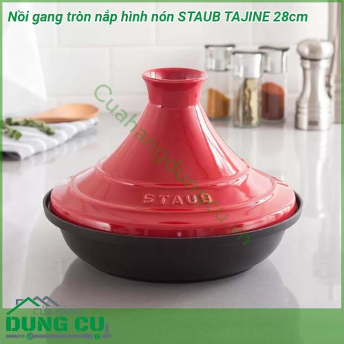 Nồi gang tròn nắp hình nón STAUB TAJINE CRM 28cm sử dụng chất liệu gang mang đến cho nồi độ bền rất cao có thể sử dụng trong nhiều năm liền Đặc biệt nắp gốm được thiết kế hình nón giúp việc hầm các món ăn nhanh hơn với độ mềm và thơm đặc trưng