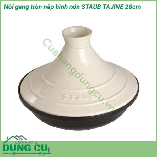 Nồi gang tròn nắp hình nón STAUB TAJINE CRM 28cm sử dụng chất liệu gang mang đến cho nồi độ bền rất cao có thể sử dụng trong nhiều năm liền Đặc biệt nắp gốm được thiết kế hình nón giúp việc hầm các món ăn nhanh hơn với độ mềm và thơm đặc trưng