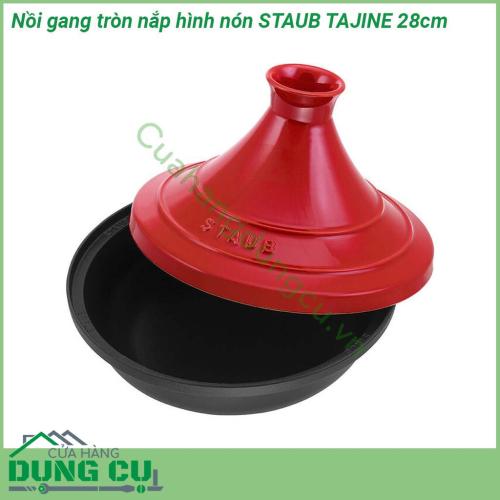 Nồi gang tròn nắp hình nón STAUB TAJINE CRM 28cm sử dụng chất liệu gang mang đến cho nồi độ bền rất cao có thể sử dụng trong nhiều năm liền Đặc biệt nắp gốm được thiết kế hình nón giúp việc hầm các món ăn nhanh hơn với độ mềm và thơm đặc trưng