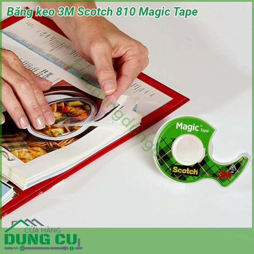 Băng keo 3M 810 Scotch Magic Tape thiết kế dạng cuộn  có bề mặt hơi ráp màu sắc trắng đục nhưng trong suốt Khi sử dụng dễ dàng kéo hoặc xé ra bằng tay để dán lên bề mặt cần dán Băng keo không chứa hóa chất độc hại nên an toàn cho sức khỏe người dùng