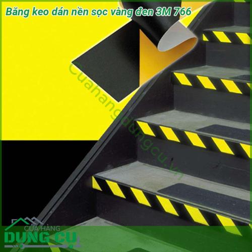 Băng keo dán nền sọc vàng đen 3M 766 được làm từ lớp màng vinyl với keo cao su thường được sử dụng để dán kẻ vạch phân làn phân đường  Dính chắc trên nhiều loại bề mặt khác nhau