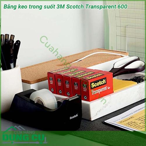 Băng keo trong suốt 3M Scotch Transparent 600 được làm từ Màng Paklon Màng UPVC và chất kết dính acrylic là một loại màng mỏng có độ trong suốt và độ bám dính cao sản phẩm này có thể dính trên nhiều loại vật liệu  