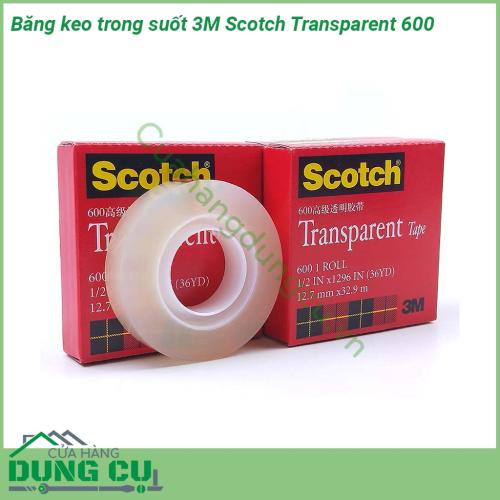 Băng keo trong suốt 3M Scotch Transparent 600 được làm từ Màng Paklon Màng UPVC và chất kết dính acrylic là một loại màng mỏng có độ trong suốt và độ bám dính cao sản phẩm này có thể dính trên nhiều loại vật liệu  