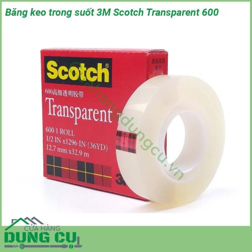 Băng keo trong suốt 3M Scotch Transparent 600 được làm từ Màng Paklon Màng UPVC và chất kết dính acrylic là một loại màng mỏng có độ trong suốt và độ bám dính cao sản phẩm này có thể dính trên nhiều loại vật liệu  