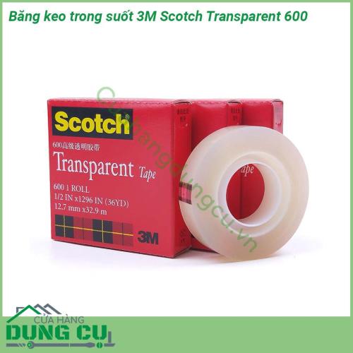 Băng keo trong suốt 3M Scotch Transparent 600 được làm từ Màng Paklon Màng UPVC và chất kết dính acrylic là một loại màng mỏng có độ trong suốt và độ bám dính cao sản phẩm này có thể dính trên nhiều loại vật liệu  