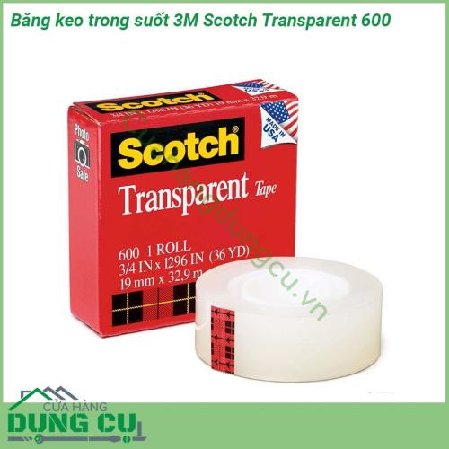 Băng keo trong suốt 3M Scotch Transparent 600 được làm từ Màng Paklon Màng UPVC và chất kết dính acrylic là một loại màng mỏng có độ trong suốt và độ bám dính cao sản phẩm này có thể dính trên nhiều loại vật liệu  