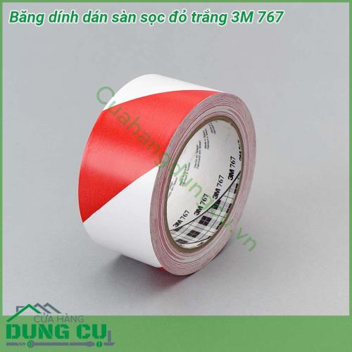 Băng dính dán sàn sọc đỏ trắng 3M 767 được phủ một lớp băng keo cao su được thiết kế làm băng keo đánh dấu cảnh báo những khu vực nguy hiểm  Keo cao su giúp dính nhanh chắc trên nhiều bề mặt khác nhau lớp giấy mịn giúp dễ dạng vệ sinh lau chùi