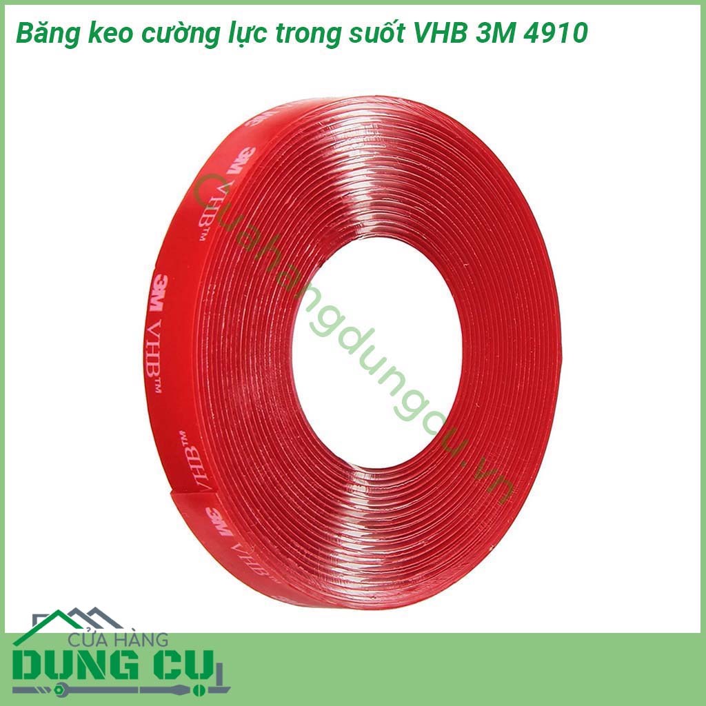 Băng keo cường lực trong suốt VHB 3M 4910 loại băng keo trong suốt có độ bám dính và đàn hồi rất tốt chịu được rung động khả năng kết dính cao dùng để thay thế các loại đinh vít thông thường nhằm tăng tính thẩm mỹ