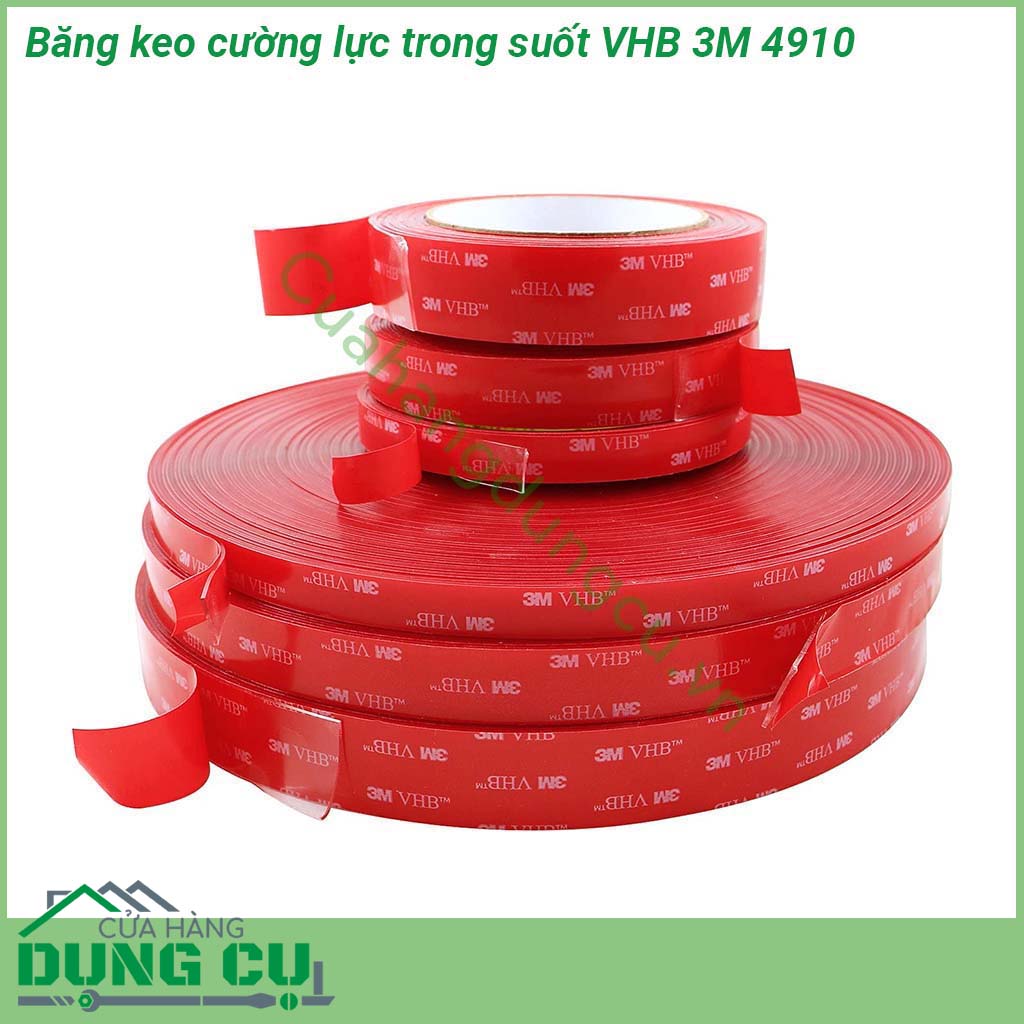 Băng keo cường lực trong suốt VHB 3M 4910 loại băng keo trong suốt có độ bám dính và đàn hồi rất tốt chịu được rung động khả năng kết dính cao dùng để thay thế các loại đinh vít thông thường nhằm tăng tính thẩm mỹ