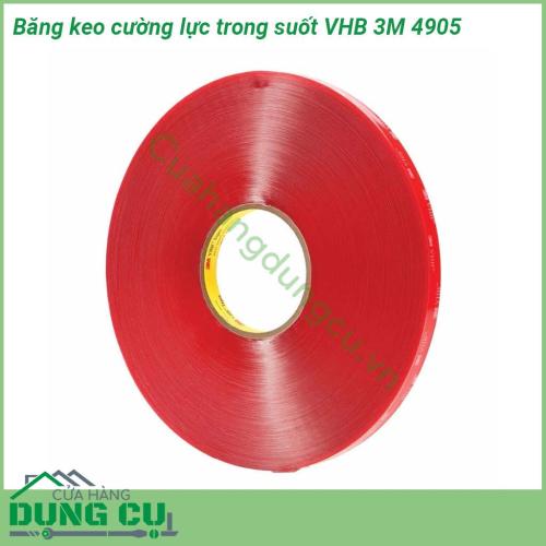 Băng keo cường lực trong suốt VHB 3M 4905 có khả năng chịu lực tốt  Độ bám dính cao trên các bề mặt vật liệu Sản phẩm có tính năng chống nước chống mài mòn và đa đập mạnh Không bị chết keo không để lại keo sau khi lột bỏ