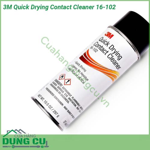 Tẩy rửa điện tử 3M Quick Drying Contact Cleaner 16-102 là dung môi không chứa CFC gốc dầu cồn giúp giải quyết nhanh chóng các công việc làm sạch chính xác như cảm biến rơ le điều khiển động cơ công tắc máy phát điện tiếp điểm