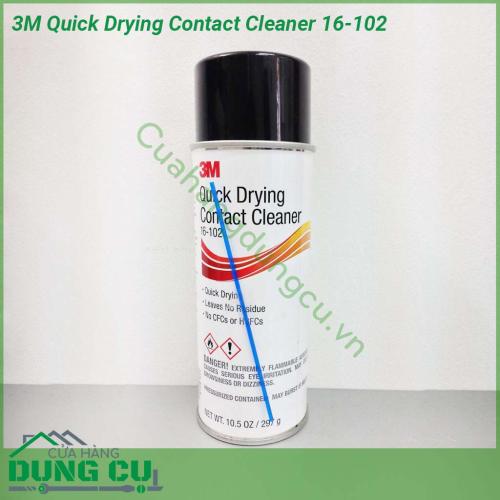 Tẩy rửa điện tử 3M Quick Drying Contact Cleaner 16-102 là dung môi không chứa CFC gốc dầu cồn giúp giải quyết nhanh chóng các công việc làm sạch chính xác như cảm biến rơ le điều khiển động cơ công tắc máy phát điện tiếp điểm