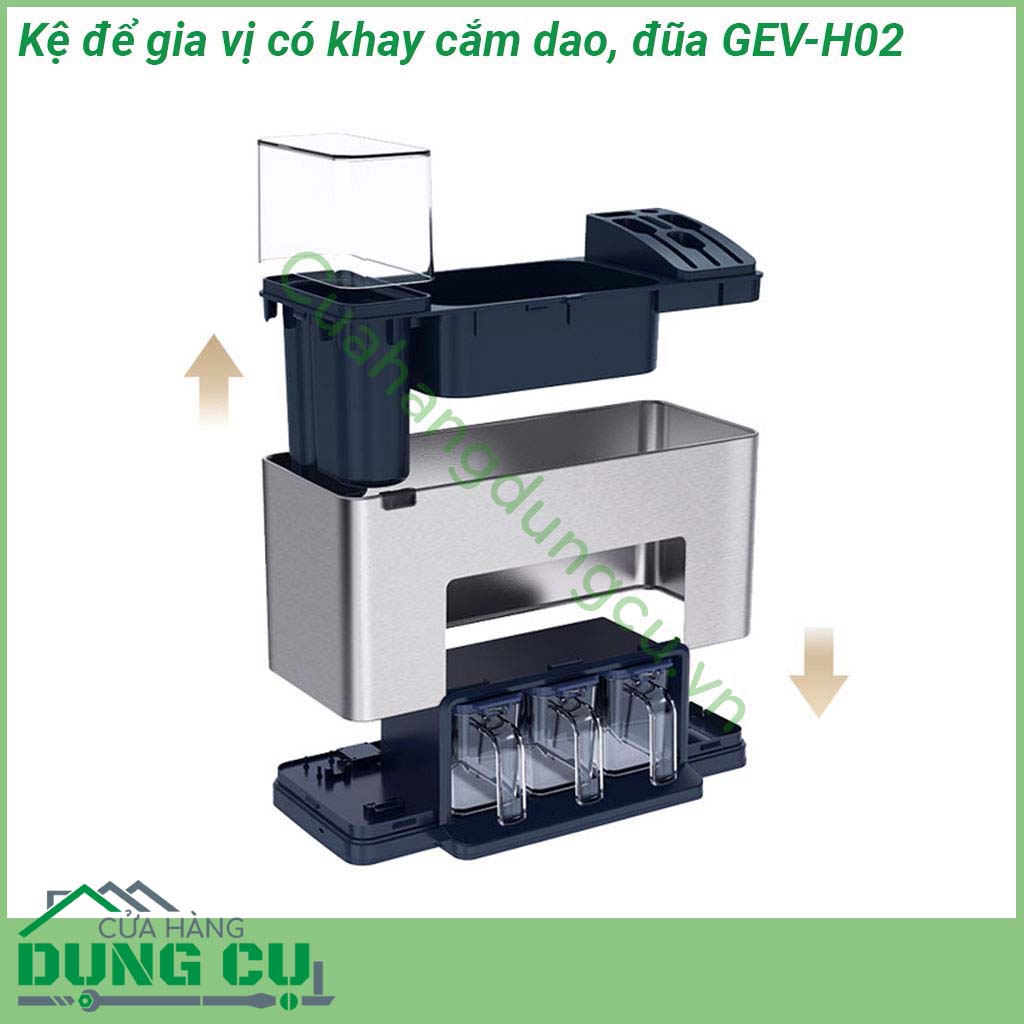 Kệ để gia vị có khay cắm dao đũa GEV-H02 chế tạo bằng inox 304 có độ chắc khỏe cao bên ngoài được sơn phủ lớp sơn tĩnh điện đen giúp chống thấm nước chống oxi hóa gia tăng độ bền cho kệ tránh khỏi bị han rỉ cũng như tăng thêm tính thẩm mỹ cho sản phẩm