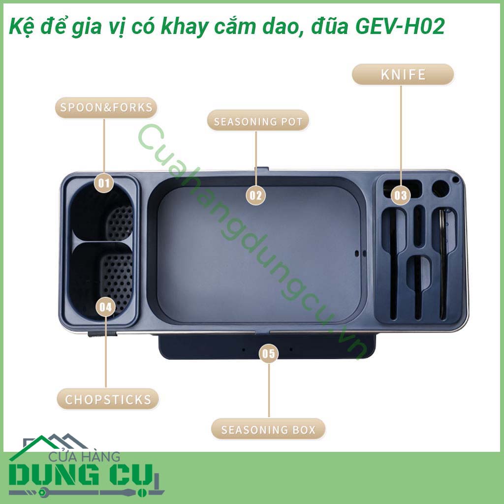 Kệ để gia vị có khay cắm dao đũa GEV-H02 chế tạo bằng inox 304 có độ chắc khỏe cao bên ngoài được sơn phủ lớp sơn tĩnh điện đen giúp chống thấm nước chống oxi hóa gia tăng độ bền cho kệ tránh khỏi bị han rỉ cũng như tăng thêm tính thẩm mỹ cho sản phẩm