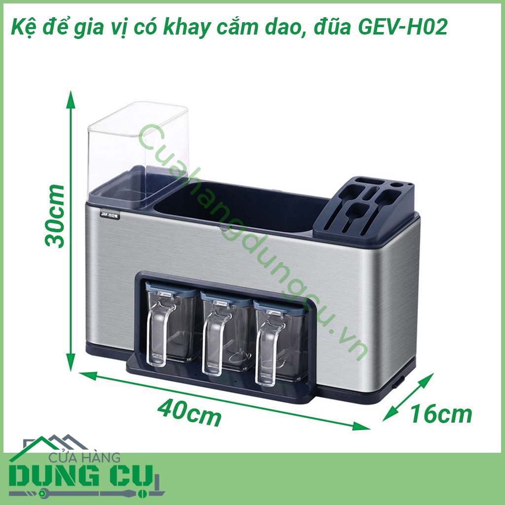 Kệ để gia vị có khay cắm dao đũa GEV-H02 chế tạo bằng inox 304 có độ chắc khỏe cao bên ngoài được sơn phủ lớp sơn tĩnh điện đen giúp chống thấm nước chống oxi hóa gia tăng độ bền cho kệ tránh khỏi bị han rỉ cũng như tăng thêm tính thẩm mỹ cho sản phẩm