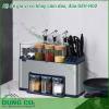 Kệ để gia vị có khay cắm dao đũa GEV-H02 chế tạo bằng inox 304 có độ chắc khỏe cao bên ngoài được sơn phủ lớp sơn tĩnh điện đen giúp chống thấm nước chống oxi hóa gia tăng độ bền cho kệ tránh khỏi bị han rỉ cũng như tăng thêm tính thẩm mỹ cho sản phẩm