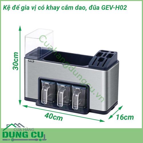 Kệ để gia vị có khay cắm dao đũa GEV-H02 chế tạo bằng inox 304 có độ chắc khỏe cao bên ngoài được sơn phủ lớp sơn tĩnh điện đen giúp chống thấm nước chống oxi hóa gia tăng độ bền cho kệ tránh khỏi bị han rỉ cũng như tăng thêm tính thẩm mỹ cho sản phẩm