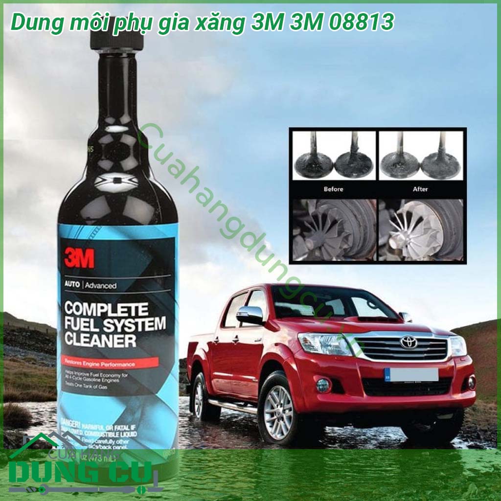 Dung môi phụ gia xăng 3M Complete Fuel System Cleaner 08813 được thiết kế để làm sạch vạn nạp và buồng đốt của xe Loại bỏ các đóng cặn tích tụ trên kim phun nhiên liệu Bảo vệ động cơ chông lại sự tích tụ của các lắng cặn Carbon