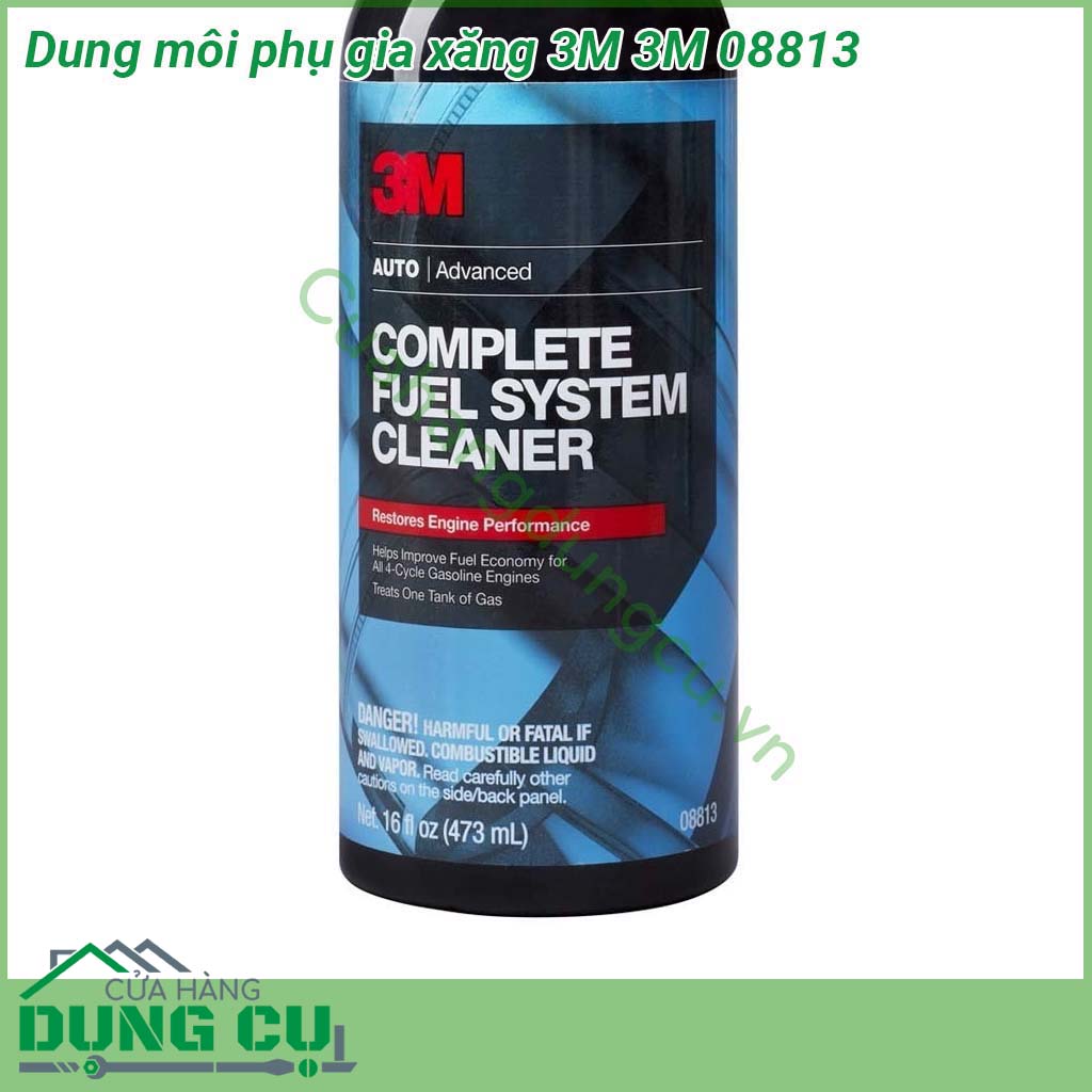 Dung môi phụ gia xăng 3M Complete Fuel System Cleaner 08813 được thiết kế để làm sạch vạn nạp và buồng đốt của xe Loại bỏ các đóng cặn tích tụ trên kim phun nhiên liệu Bảo vệ động cơ chông lại sự tích tụ của các lắng cặn Carbon