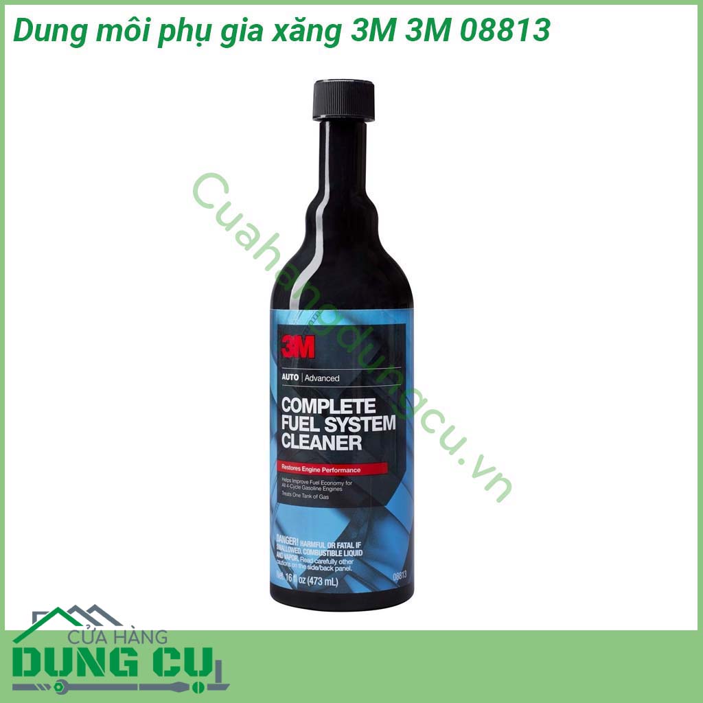 Dung môi phụ gia xăng 3M Complete Fuel System Cleaner 08813 được thiết kế để làm sạch vạn nạp và buồng đốt của xe Loại bỏ các đóng cặn tích tụ trên kim phun nhiên liệu Bảo vệ động cơ chông lại sự tích tụ của các lắng cặn Carbon