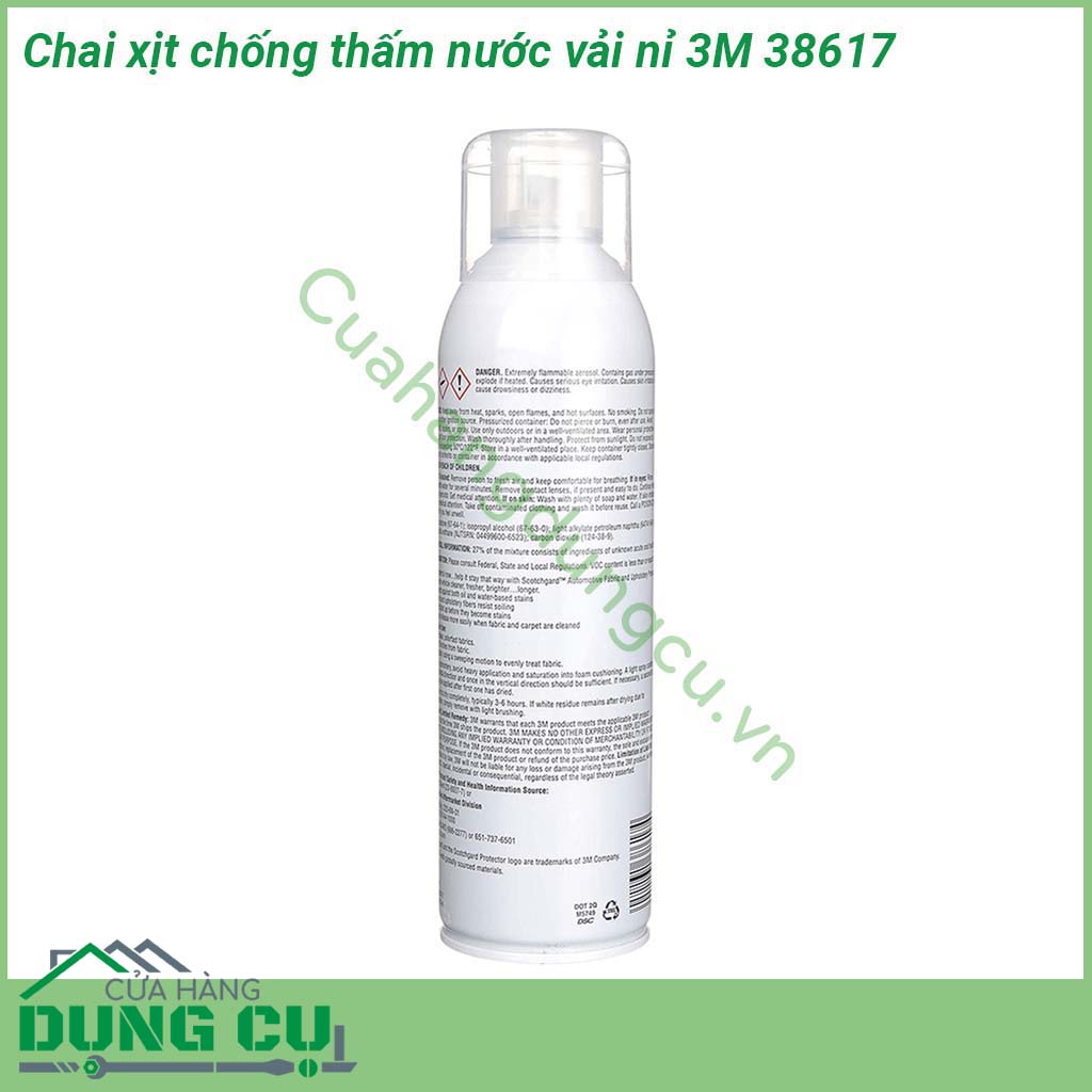 Chai xịt chống thấm nước vải nỉ 3M 38617 giúp chống thấm nước cho các chi tiết bằng vải thảm bên trong nội thất ô tô Nhờ đó nước và các chất lỏng bị đổ hoặc văng bắn lên vải thảm sẽ kịp lau dọn trước khi chúng thấm vào và gây vấy bẩn