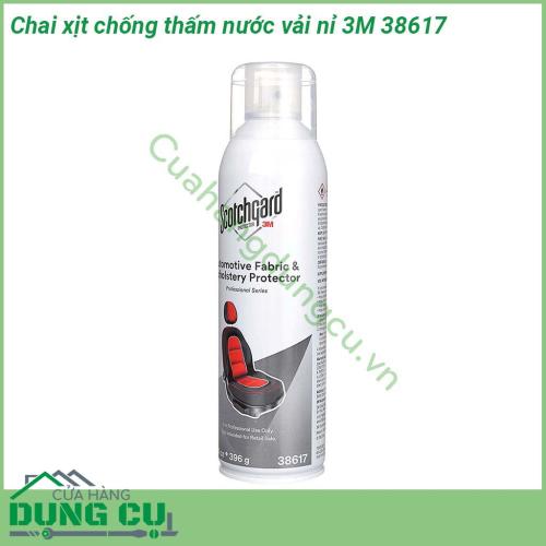 Chai xịt chống thấm nước vải nỉ 3M 38617 giúp chống thấm nước cho các chi tiết bằng vải thảm bên trong nội thất ô tô Nhờ đó nước và các chất lỏng bị đổ hoặc văng bắn lên vải thảm sẽ kịp lau dọn trước khi chúng thấm vào và gây vấy bẩn