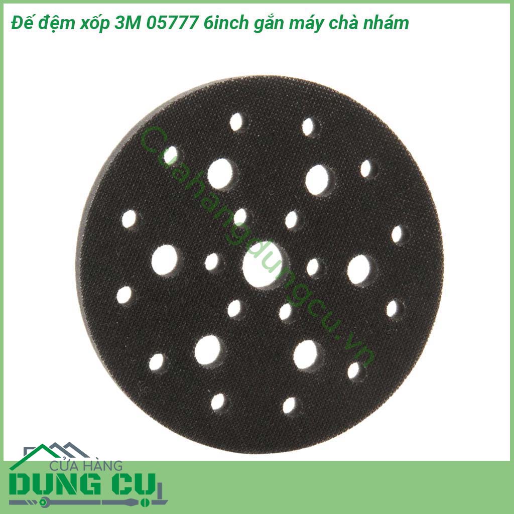 Đế đệm xốp 3M 05777 6inch gắn máy chà nhám được chế tạo bằng chất bọt mềm bền cho phép kỹ thuật viên đi theo đường viền và tiến gần tới các cạnh đồng thời giảm thiểu sự cháy khét  Có thể được sử dụng với cả hai đĩa không bụi