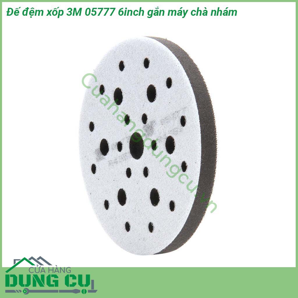 Đế đệm xốp 3M 05777 6inch gắn máy chà nhám được chế tạo bằng chất bọt mềm bền cho phép kỹ thuật viên đi theo đường viền và tiến gần tới các cạnh đồng thời giảm thiểu sự cháy khét  Có thể được sử dụng với cả hai đĩa không bụi