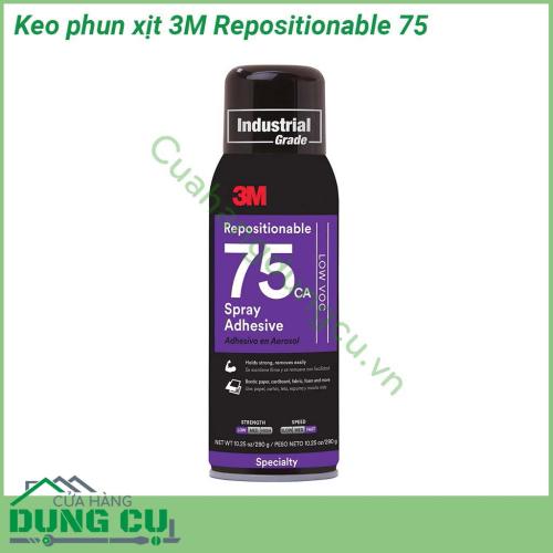 Keo phun xịt 3M Repositionable 75 dạng phun  dán được nhiều loại vật liệu nhẹ thích hợp với nhiều loại vật liệu khác nhau Với đặc tính “dán được nhiều lần” “chỉnh sửa được sau khi dán dính rất nhanh và không ảnh hưởng bề mặt được dán