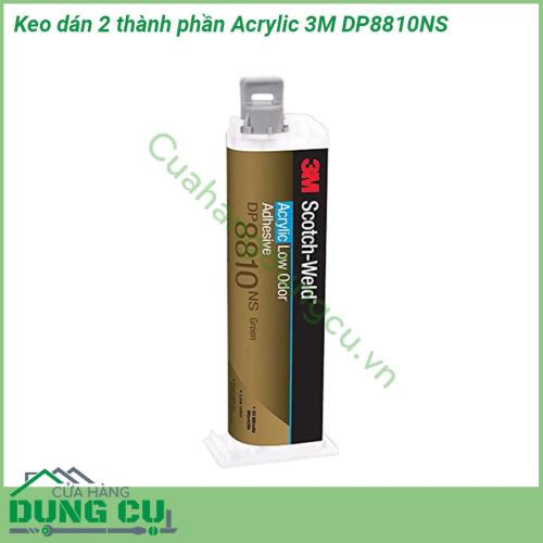 Keo dán 2 thành phần Acrylic 3M DP8810NS dính tốt trên bề mặt vật liệu kim loại (thép inox thau đồng nhôm ) trên bề mặt nhựa (ABS PS PA … kể cả PP PE) trên bề mặt composite các loại kể cả bề mặt gỗ MDF plywood