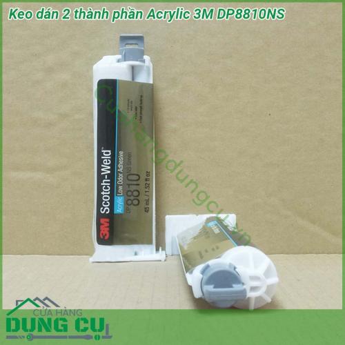 Keo dán 2 thành phần Acrylic 3M DP8810NS dính tốt trên bề mặt vật liệu kim loại (thép inox thau đồng nhôm ) trên bề mặt nhựa (ABS PS PA … kể cả PP PE) trên bề mặt composite các loại kể cả bề mặt gỗ MDF plywood