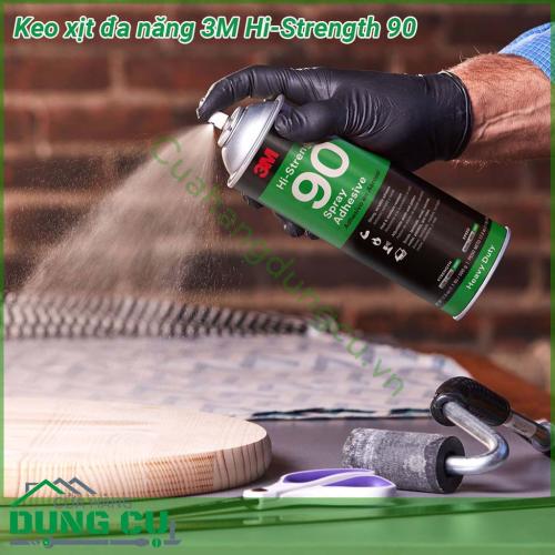 Keo xịt đa năng 3M Hi-Strength 90 được thiết kế dạng đầu xịt nên khi bạn ấn nút lượng keo sẽ phun đều trên toàn bề mặt vật cần dán Keo rất dễ sử dụng nhanh khô độ dính cao chịu nhiệt tốt giúp mối hàn bền vững dưới tác động của môi trường