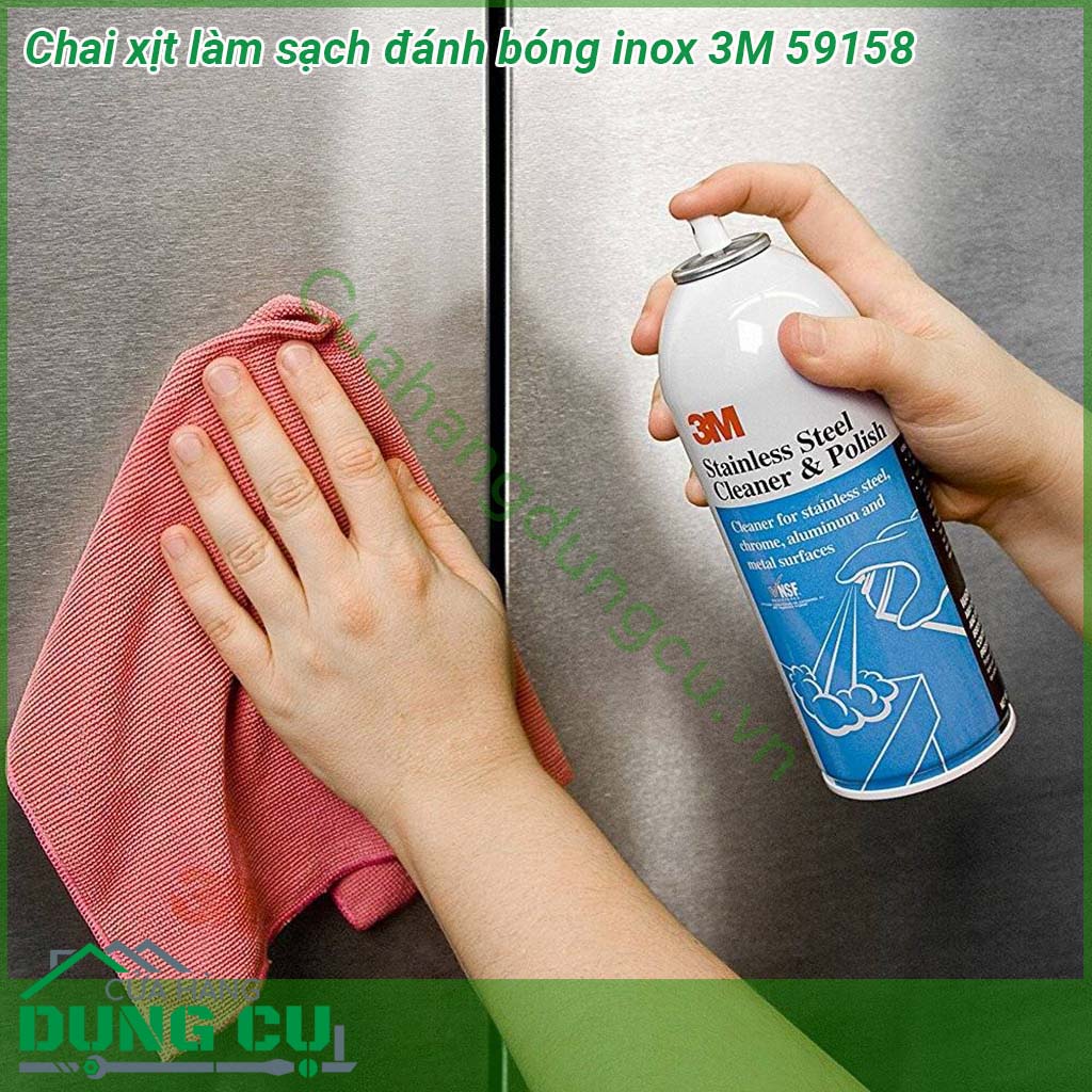 Chai xịt làm sạch đánh bóng inox 3M 59158 là dung dịch keo bọt để tẩy vệ sinh và đánh bóng inox  thép không gỉ mạ chrome nhôm nội thất cho bề mặt sáng bóng