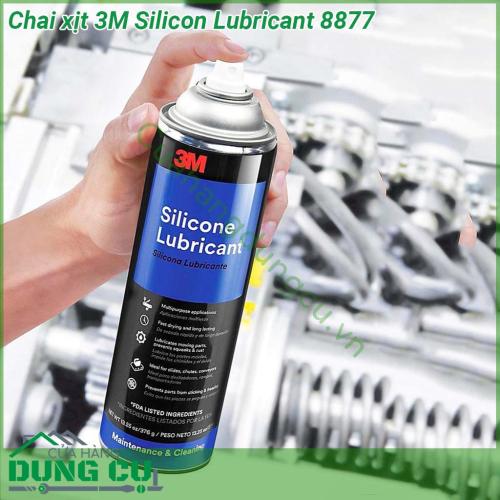 Chai xịt 3M Silicon Lubricant 8877 sử dụng để bôi trơn một loạt các máy móc và các bộ phận chuyển động Nó cũng giúp loại bỏ tiếng kêu do ma sát bảo vệ chống gỉ và ngăn ngừa dính và đóng băng trong số các ứng dụng khác